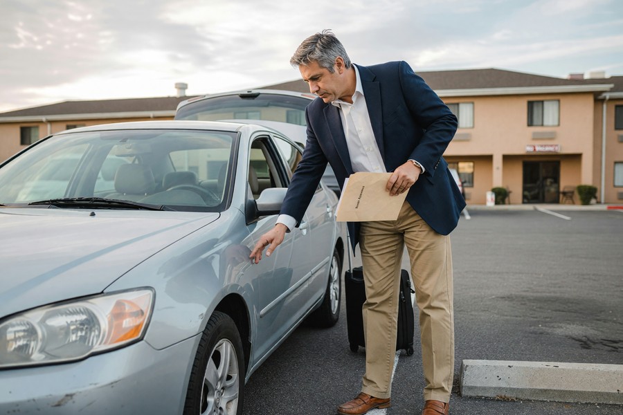Business traveler at rental car counter reviewing insurance coverage options