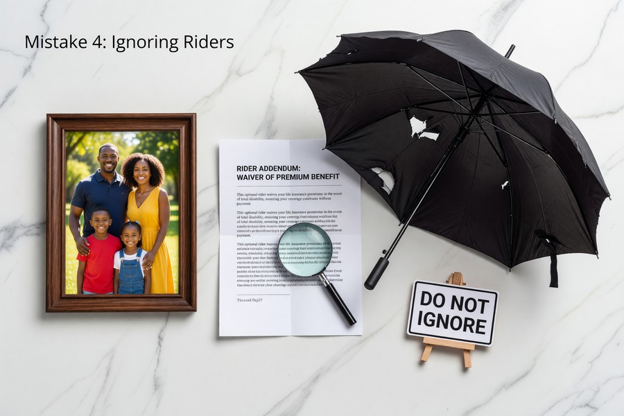 Infographic showing the most common term life insurance riders and their average monthly cost additions