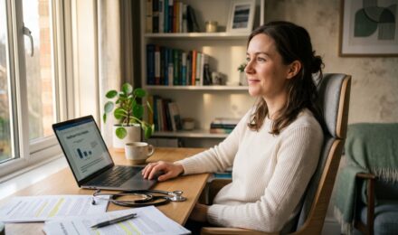 Self-employed freelancer researching health insurance options on a laptop at a home office desk