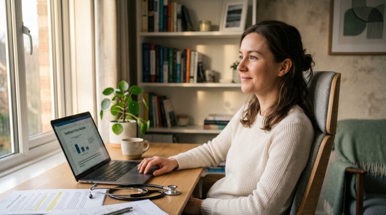 Self-employed freelancer researching health insurance options on a laptop at a home office desk