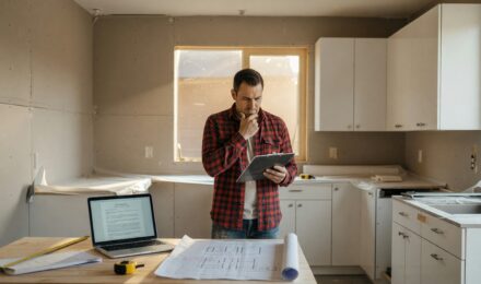 Homeowner reviewing homeowners insurance policy during a home renovation project