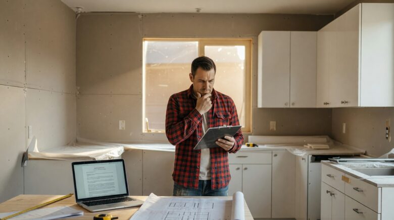 Homeowner reviewing homeowners insurance policy during a home renovation project