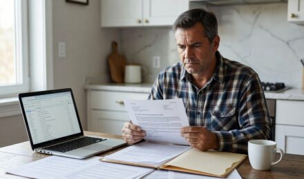 Homeowner reviewing a denied homeowners insurance claim letter at a desk