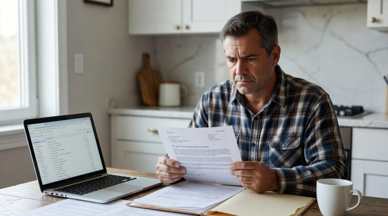 Homeowner reviewing a denied homeowners insurance claim letter at a desk