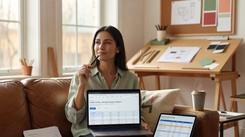 Freelancer working at a desk reviewing insurance options for gig workers