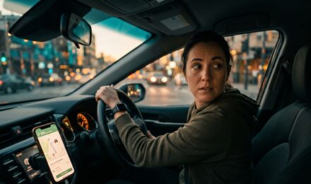 Rideshare driver reviewing auto insurance policy on smartphone inside car