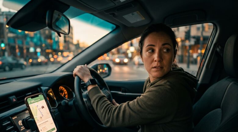 Rideshare driver reviewing auto insurance policy on smartphone inside car