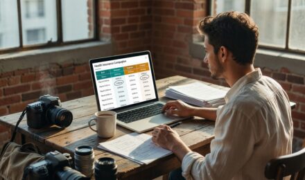 Freelance photographer reviewing affordable health insurance plan options on laptop