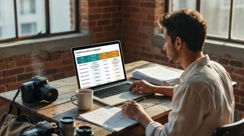 Freelance photographer reviewing affordable health insurance plan options on laptop