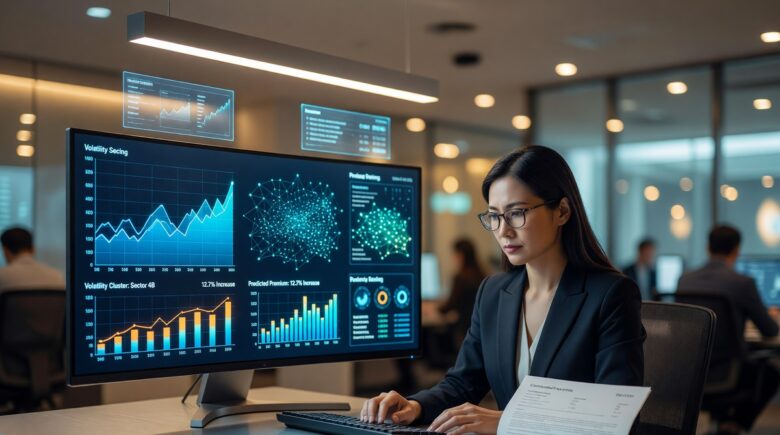 AI algorithm analyzing insurance pricing data on a digital dashboard in 2026