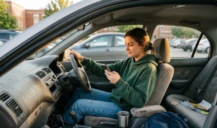 College student standing next to an old beater car reviewing auto insurance options on a laptop