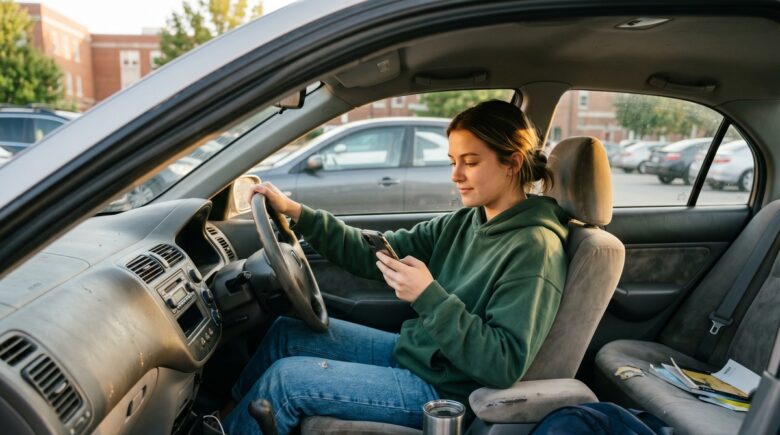 College student standing next to an old beater car reviewing auto insurance options on a laptop