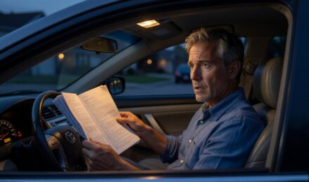 Driver reviewing auto insurance policy exclusions document with a concerned expression