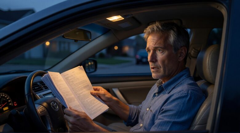 Driver reviewing auto insurance policy exclusions document with a concerned expression