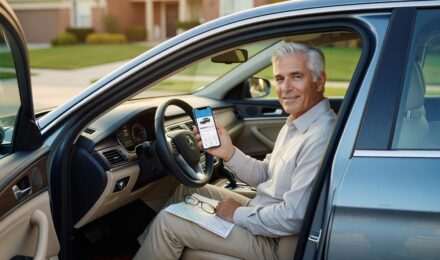 Retired senior driver over 65 reviewing auto insurance policy at home
