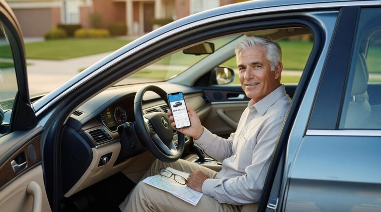 Retired senior driver over 65 reviewing auto insurance policy at home