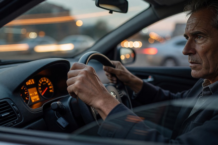 Close-up of telematics device plugged into OBD port of senior's vehicle