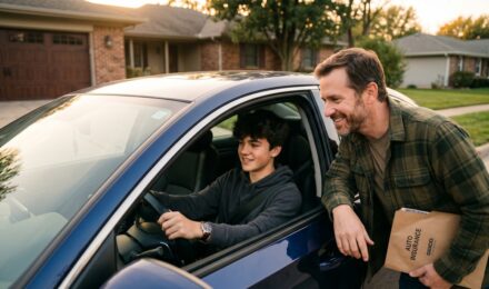 Teen driver sitting in car with parent reviewing auto insurance policy documents