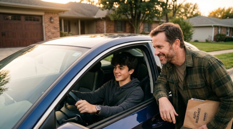 Teen driver sitting in car with parent reviewing auto insurance policy documents