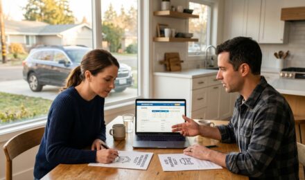 Homeowner comparing bundled and separate homeowners and auto insurance quotes on a laptop