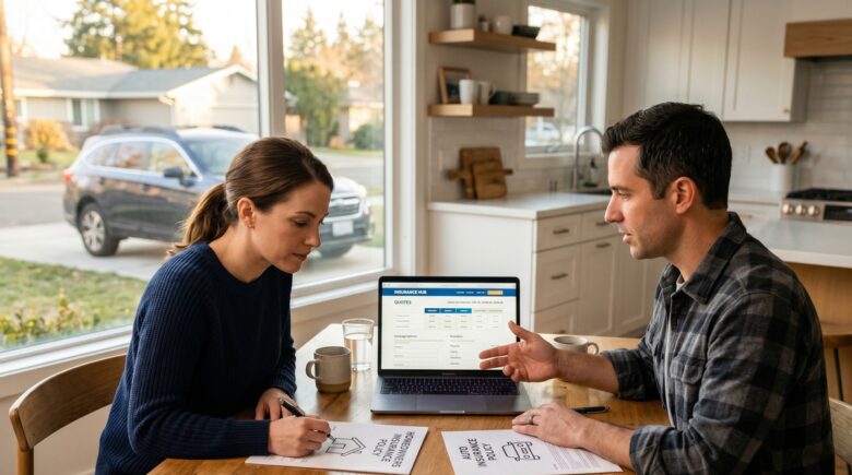 Homeowner comparing bundled and separate homeowners and auto insurance quotes on a laptop