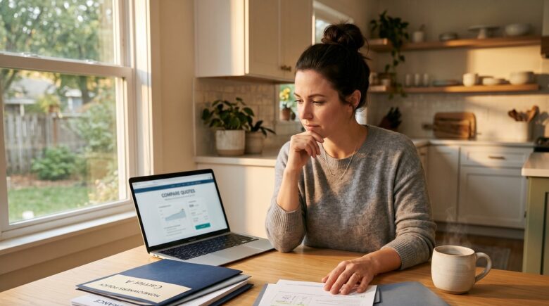 Person comparing insurance quotes on a laptop deciding whether to bundle insurance with one company or split between carriers