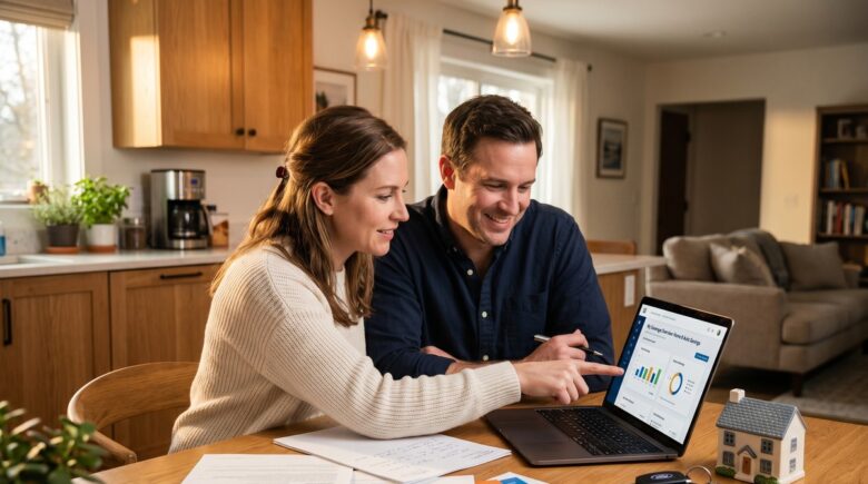 Person reviewing bundled insurance policies documents with calculator showing savings