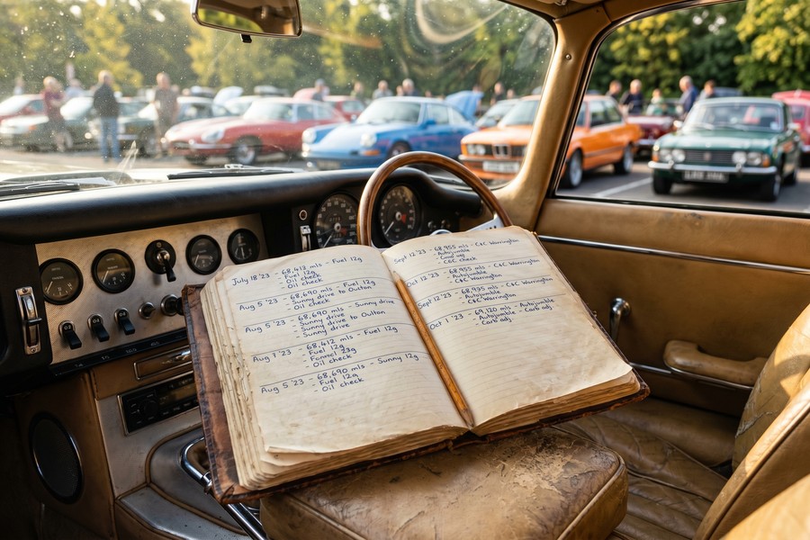 Vintage classic car parked inside a climate-controlled private garage with secured storage