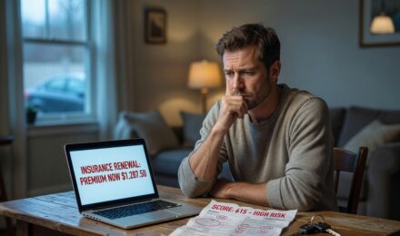 Driver reviewing credit score report next to a rising car insurance bill on a desk
