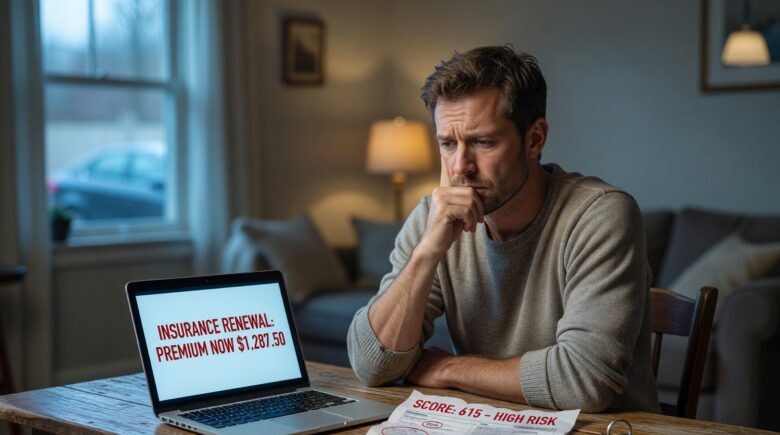 Driver reviewing credit score report next to a rising car insurance bill on a desk