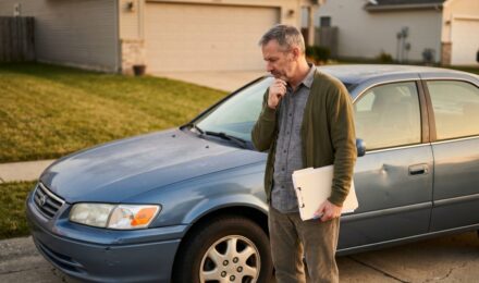 Driver reviewing auto insurance policy deciding whether to drop collision coverage on an older car