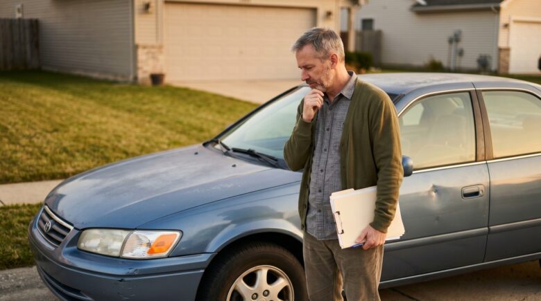 Driver reviewing auto insurance policy deciding whether to drop collision coverage on an older car