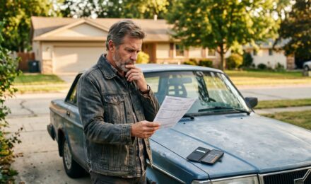 Driver reviewing auto insurance policy documents next to an older used car considering dropping full coverage