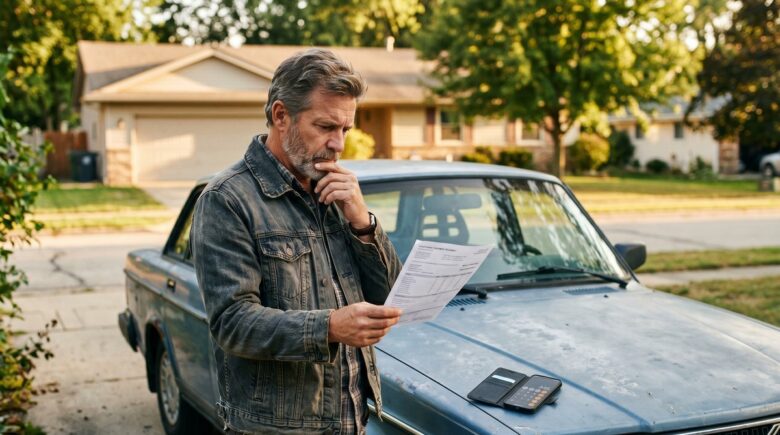 Driver reviewing auto insurance policy documents next to an older used car considering dropping full coverage