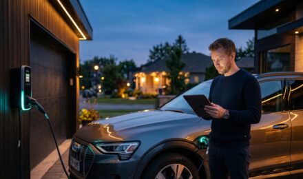 Electric vehicle plugged in at charging station with insurance documents and cost comparison chart in 2026