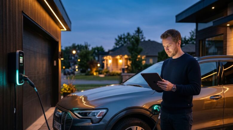 Electric vehicle plugged in at charging station with insurance documents and cost comparison chart in 2026