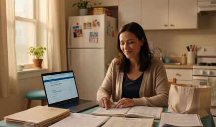 First-generation immigrant reviewing insurance coverage options on a tight budget at a kitchen table