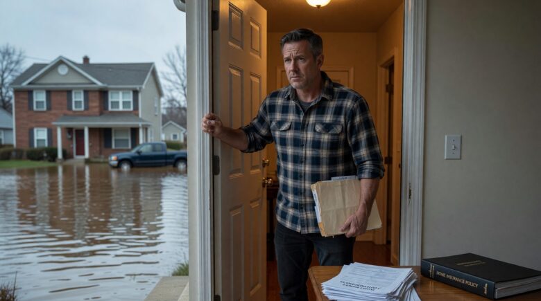 Side-by-side comparison of flood insurance and homeowners insurance policy documents on a desk