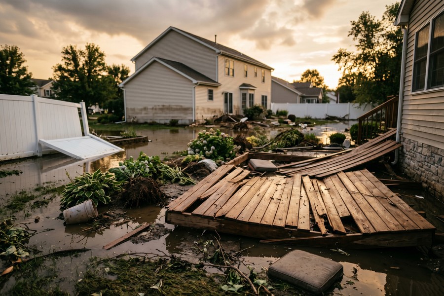 Side-by-side diagram of a flooded home showing flood vs homeowners insurance coverage zones