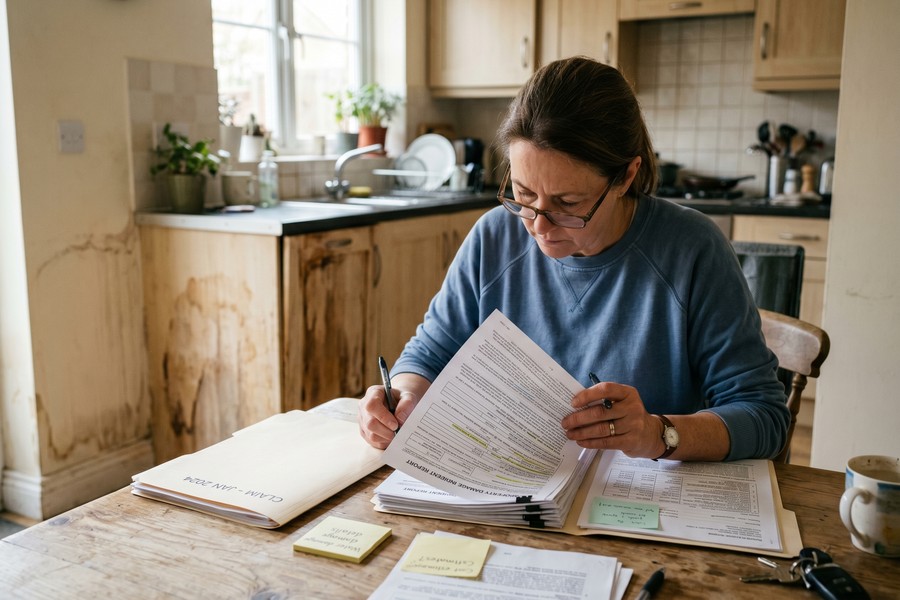 Homeowner reviewing flood insurance policy documents next to a water-damaged wall
