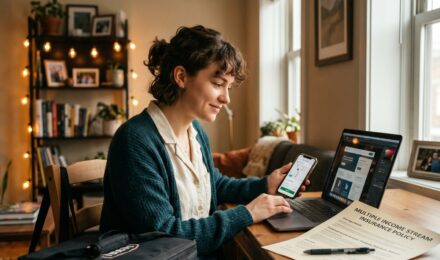 Gig economy worker reviewing insurance coverage options across multiple side hustles on a laptop