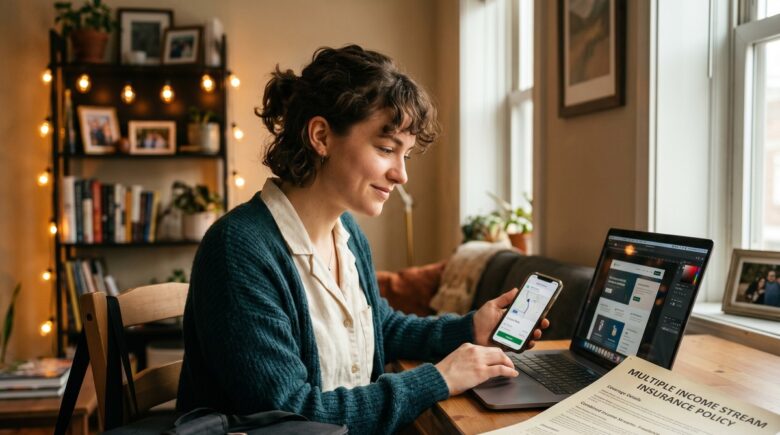 Gig economy worker reviewing insurance coverage options across multiple side hustles on a laptop