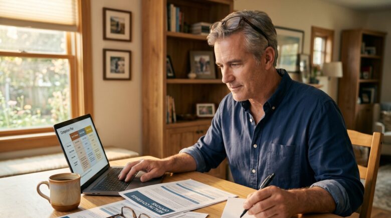55-year-old man reviewing health insurance bridge plan options before Medicare eligibility at age 65