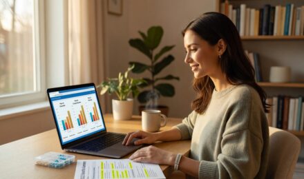Remote worker with chronic illness reviewing health insurance plan options on laptop at home desk