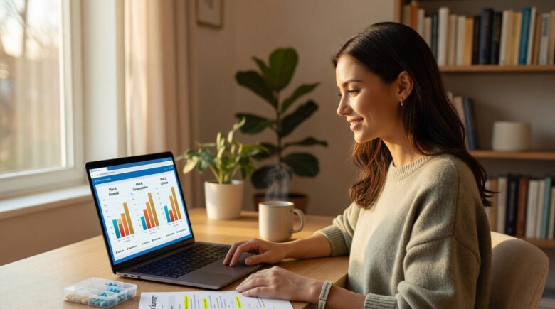 Remote worker with chronic illness reviewing health insurance plan options on laptop at home desk