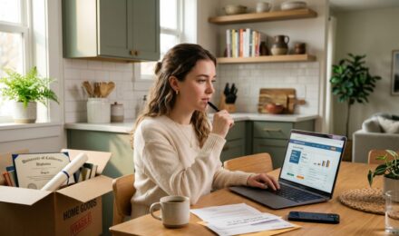 Young college graduate reviewing health insurance plan options on a laptop