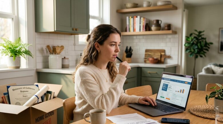 Young college graduate reviewing health insurance plan options on a laptop