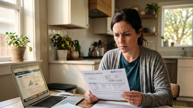 Person reviewing health insurance enrollment forms with a calculator highlighting costly mistakes