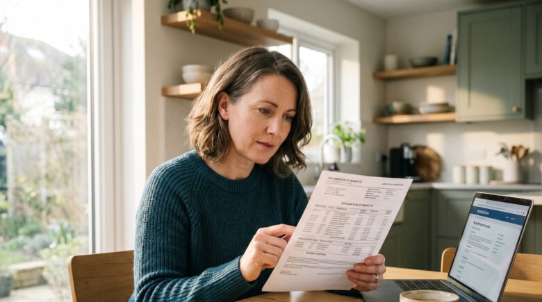 Person reviewing a health insurance explanation of benefits statement at a desk