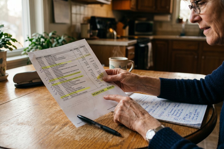 Side-by-side comparison of an itemized medical bill and a matching health insurance EOB document